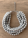 Silver Choker Matte Big Beaded Acrylic Chunky Multi Strand Statement Necklace - Alana