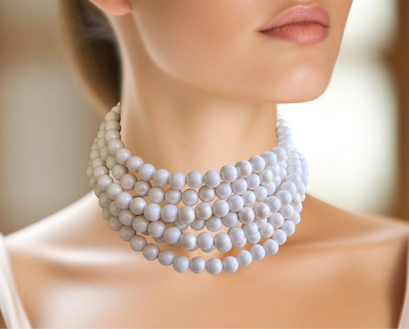 White Pearl Acrylic Choker Beaded Chunky Multi Strand Statement Necklace - Alana