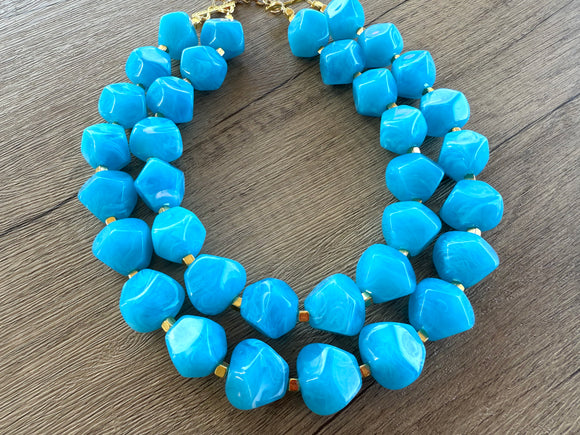 Turquoise Blue Chunky Beaded Multi Strand Acrylic Statement Necklace - Ashley