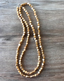 Gold Long Wood Beaded Wooden Boho Single Strand Statement Necklace - Nicoline