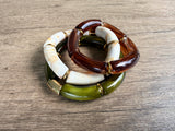 Green Brown Ivory Acrylic Bead Tube Stretch Womens Bracelet