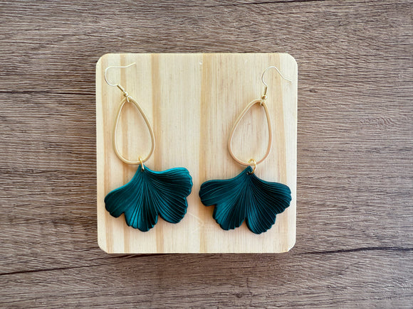 Dark Green Ginkgo Matte Leaf Lucite Petal Silver Big Statement Earrings - Avery