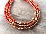 Orange Rose Gold Beaded Wood Multi Strand Chunky Boho Statement Necklace - Lisa