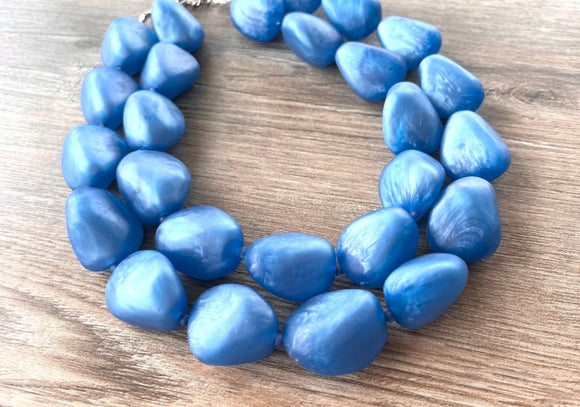 blue chunky matte resin 2 strand statement necklace