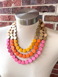Orange Pink Yelllow Gold Wood Beaded Statement Chunky Multi Strand Necklace - Regan