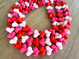 Pink Red Heart Acrylic Beaded Statement Necklace - Amore