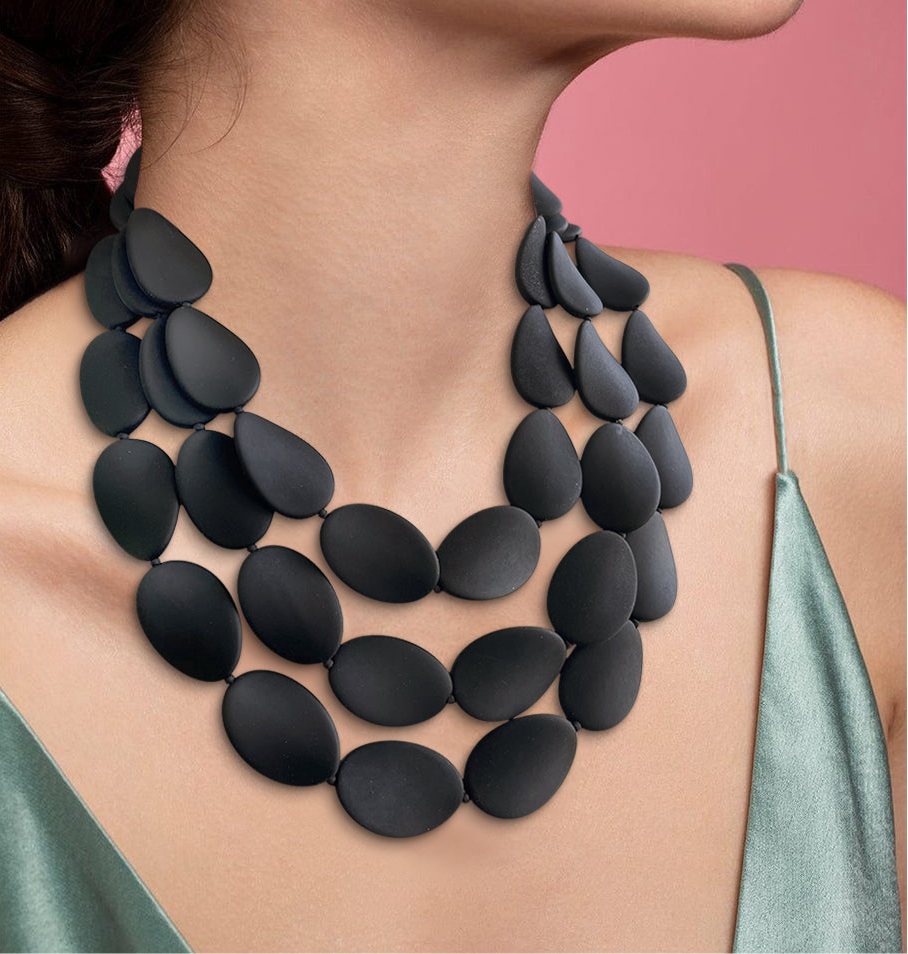 Black Matte Oval Beaded Chunky Multi Strand Statement Necklace Black Matte Oval Beaded Chunky Multi Strand Statement Necklace