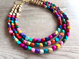 Multi Color Gold Beaded Multi Strand Wood Chunky Statement Necklace - Lisa
