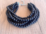 Black Choker Matte Beaded Acrylic Chunky Multi Strand Statement Necklace - Alana