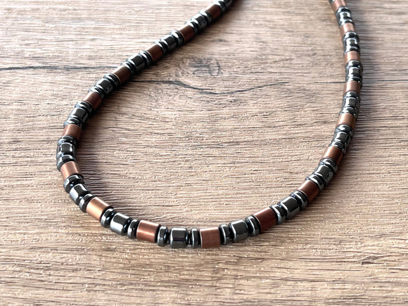 Gray Copper Beaded Hematite Stone Mens Beaded Necklace - Theo