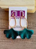 Dark Green Ginkgo Matte Leaf Lucite Petal Silver Big Statement Earrings - Avery
