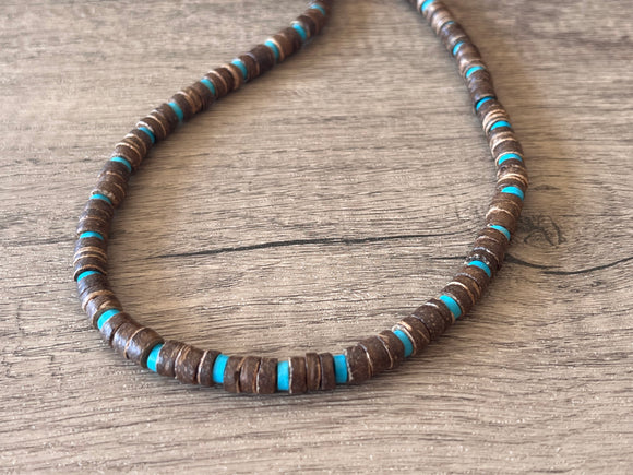 Wood Turquoise Blue Brown Mens Beaded Surfer Necklace - Dennis