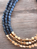 Gray Gold Beaded Multi Strand Wood Chunky Statement Necklace - Lisa
