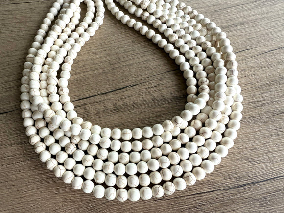 White Stone Magnesite Beaded Chunky Multi Strand Statement Necklace - Michelle