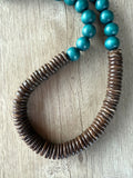 Teal Brown Wood Long Beaded Statement Necklace - Elena