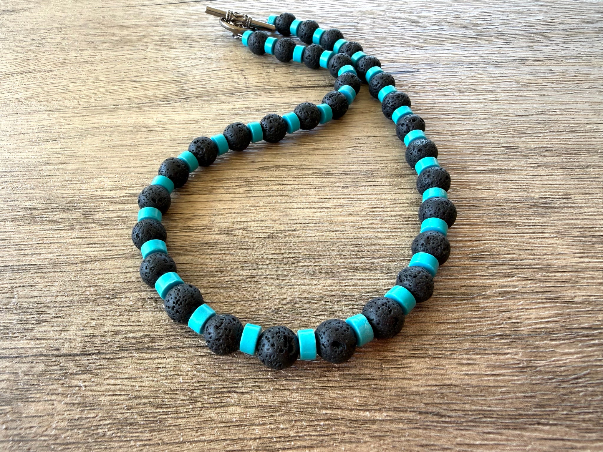 Black Lava Rock Turquoise Mens Surfer Beaded Long Necklace - Mack