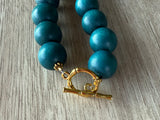 Teal Brown Wood Long Beaded Statement Necklace - Elena