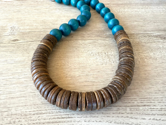 Teal Green Blue Brown Chunky Wood Long Boho Beaded Statement Necklace - Elena