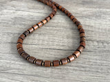 Brown Wood Copper Hematite Beaded Mens Necklace - Soren