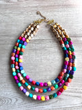 Multi Color Gold Beaded Multi Strand Wood Chunky Statement Necklace - Lisa