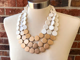 White Gold Wood Beaded Statement Chunky Multi Strand Necklace - Regan