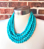 Turquoise Blue Beaded Statement Acrylic Chunky Lucite Multi Strand Necklace - Beth