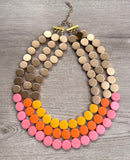 Orange Pink Yelllow Gold Wood Beaded Statement Chunky Multi Strand Necklace - Regan