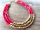 Hot Pink Gold Wood Beaded Chunky Multi Strand Statement Necklace - Lisa