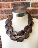 Brown Wood Beaded Boho Statement Chunky Multi Strand Necklace - Miranda