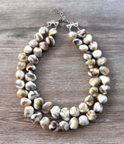 White Brown Shell Beaded Acrylic Chunky Lucite Beach Statement Necklace