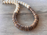 White Brown Chunky Wood Long Boho Beaded Statement Necklace - Elena