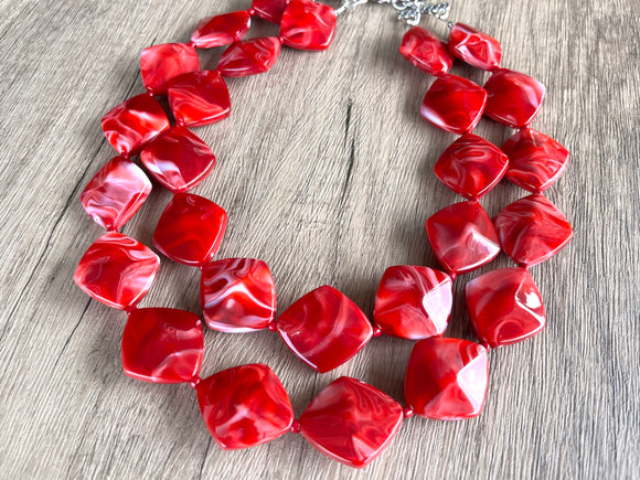 Red Acrylic Bead Chunky Multi Strand Statement Necklace - Krista