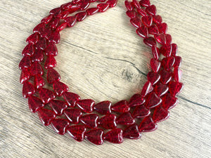 Red Heart Valentines Glass Bead Multi Strand Chunky Statement Necklace