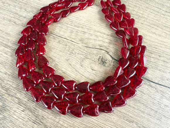 Red Heart Valentines Glass Bead Multi Strand Chunky Statement Necklace