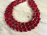 Red Heart Valentines Glass Bead Multi Strand Chunky Statement Necklace