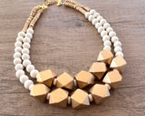 White Gold Statement Beaded Wood Chunky Multi Strand Necklace - Riley