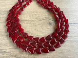 Red Heart Valentines Glass Bead Multi Strand Chunky Statement Necklace