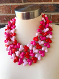 Pink Red Heart Acrylic Beaded Statement Necklace - Amore