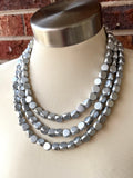Silver Wood Beaded Chunky Multi Strand Statement Necklace - Lisa