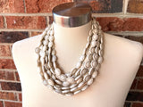 White Ivory Gold Acrylic Bead Multi Strand Statement Necklace - Ava
