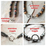 The image is a collage of four photographs showing different types of necklaces and their clasp mechanisms.