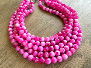 Fuchsia Pink White Acrylic Lucite Big Bead Chunky Multi Strand Necklace - Alana