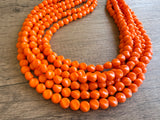 Orange Beaded Statement Acrylic Chunky Lucite Multi Strand Necklace - Beth