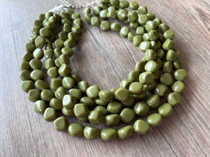 Olive Green Lucite Acrylic Beaded Chunky Multi Strand Statement Necklace - Julianna