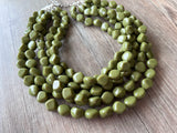 Olive Green Lucite Acrylic Beaded Chunky Multi Strand Statement Necklace - Julianna
