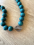 Teal Green Blue Brown Chunky Wood Long Boho Beaded Statement Necklace - Elena