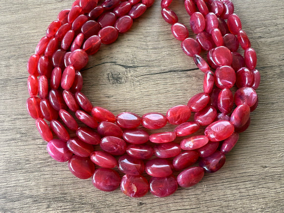 Red Pink Acrylic Beaded Multi Strand Statement Necklace - Lauren