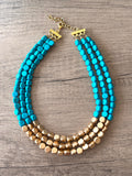 Turquoise Gold Statement Wood Beaded Multi Strand Chunky Bead Necklace - Lisa