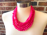 Hot Pink Acrylic Beaded Chunky Multi Strand Statement Necklace - Charlotte