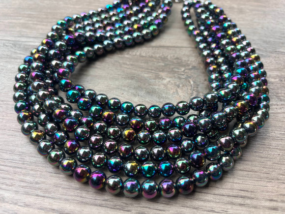 Gray Rainbow Acrylic Lucite Bead Chunky Multi Strand Statement Necklace - Alana